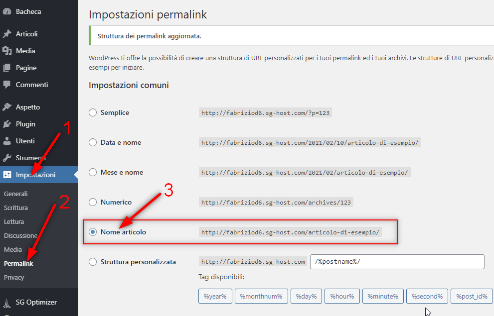 Come creare un sito web - impostazione permalink