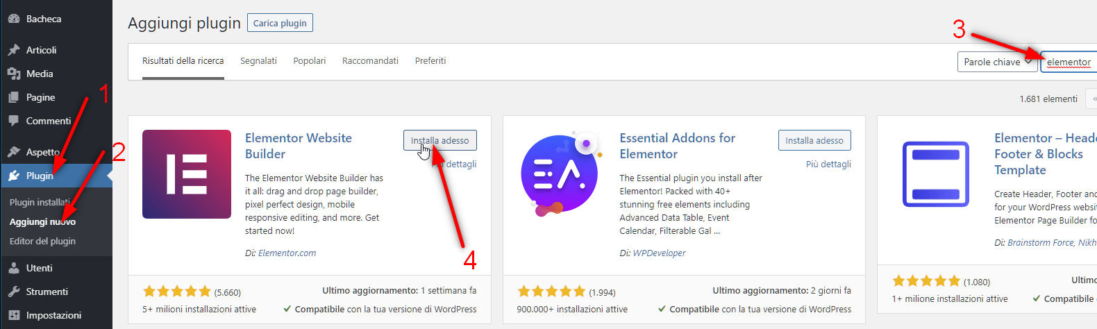Come creare un sito web - installazione elementor