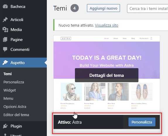 Come creare un sito web - installa tema astra