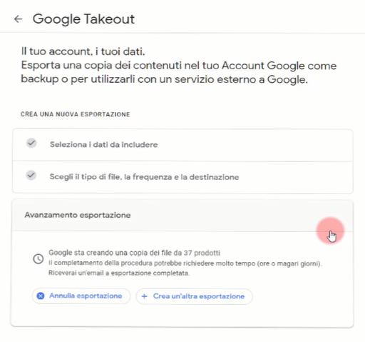 Come eliminare un Account Google definitivamente - google Takeout avanzamento