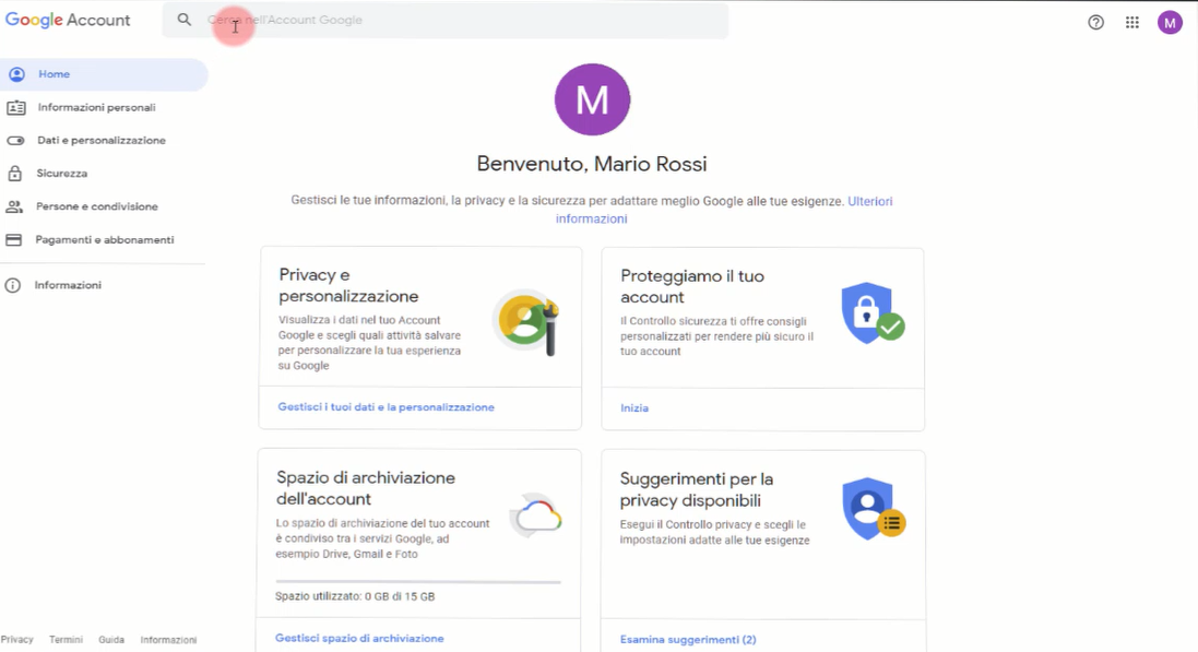 Come eliminare un Account Google definitivamente - pagina gestione dell'account Google