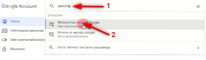 Come eliminare un Account Google definitivamente - clicca elimina il tuo account Google